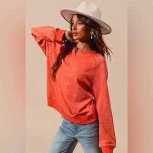 Vintage red coral mineral wash v neck long sleeve boho bohemian sweatshirt
